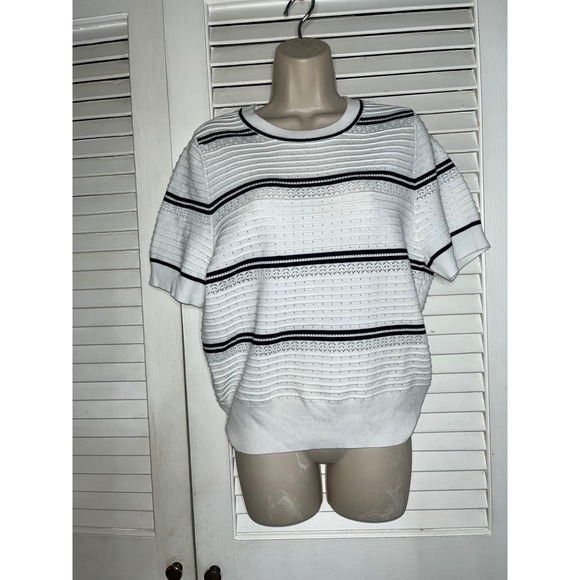 Nanette Lepore Sweaters - Nanette Lepore Womens White Black Striped Pointelle Knit Short Sleeve Sweater L